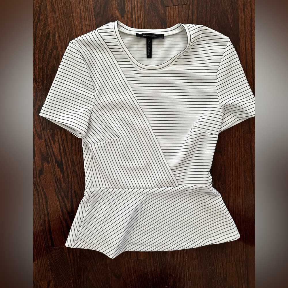 EUC white and black striped peblum shirt.
